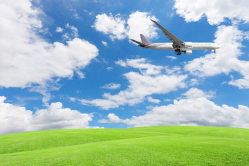 Fototapeta na wymiar Green grass field with airplane ,blue sky and cloud background.