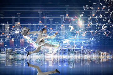 Businessman celebrating success . Mixed media . Mixed media