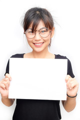 Asian women holding blank white paper for use as advertising