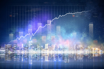 Modern business city background . Mixed media