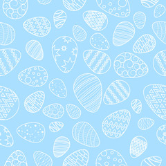 Vector, Pattern of white eggs. Easter. Seamless background. blue