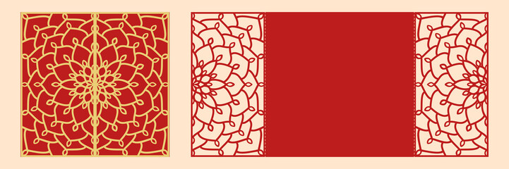 DIY laser cutting vector envelope. Laser cut Wedding invitation template. Die cut paper card with ornamental silhouette. Scrapbook carved paperwork. 