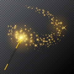 Vector golden magic wand with glow light effect on transparent background.