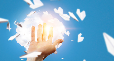 Flying paper airplanes . Mixed media . Mixed media