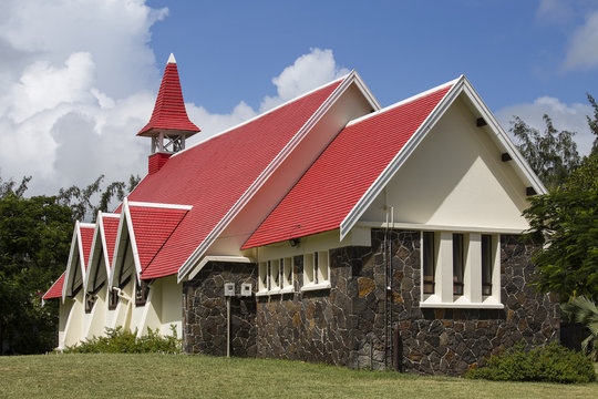 landmarks of Mauritius island - Red church on the beach. Cap Malhereux
