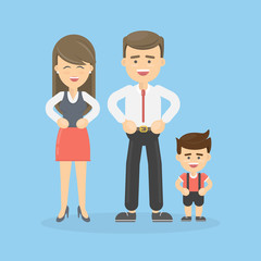 Isolated happy family on blue background. Father and mother and son.