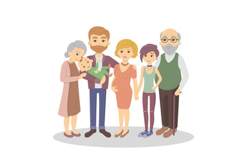 Isolated happy family on white background. Parent and grandparents and son and daughter. Pregnant mother.