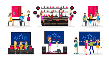 Karaoke bar interior set. Bar and scene, dance hall and visitors. Isolated icons. - obrazy, fototapety, plakaty