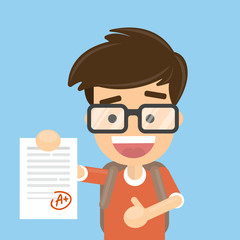 Schoolboy got A mark for the test. Smart and successful boy. Good studying.