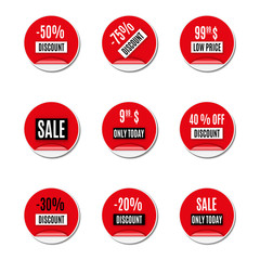 Set of red paper stickers of discount and sale, vector illustration.