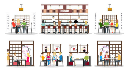 Sushi bar interior set. oriental style. Bar, tables and kitchen. Asian chefs and waitresses. isolated icns.
