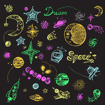 Hand drawn doodle set with space elements: stars, planets, night