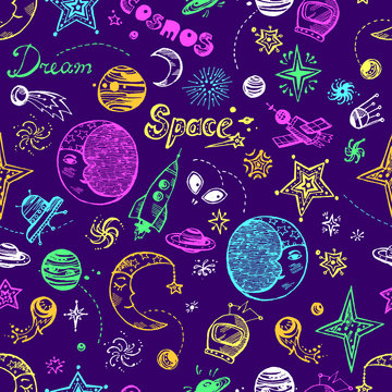 Hand drawn doodle seamless pattern with space elements: stars, p