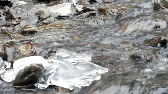A beautiful crystal clear river flows over mountain rocks in winter. Its rapidly moving water forms interesting shapes as it runs past melting ice.