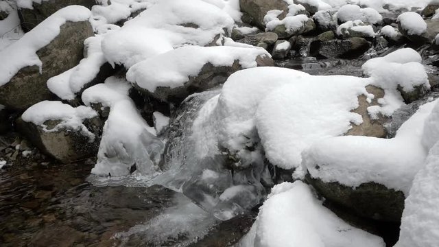 A beautiful crystal clear river flows over mountain rocks in winter; its moving water among ice and snow covered stones