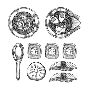 Hand drawn vector illustrations - Asian cuisine. Ramen and some asian dishes. Perfect for restaurant brochure, cafe flyer, delivery menu. Illustrations in sketch style