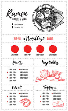 Hand drawn vector illustration - Asian cuisine. Ramen menu with calligraphic phrases. Perfect for restaurant brochure, cafe flyer, delivery menu. Ready-to-use design template