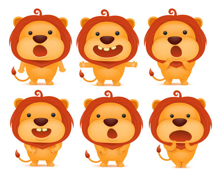 Collection of funny lion emoticon characters in different emotions.