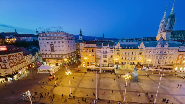Day to night transition timelapse of Ban Jelacic square in Zagreb Croatia