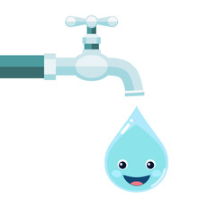 Water tap with smiling water drop isolated on white background