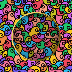 Seamless pattern with multi-colored scribbles. Abstract modern striped curled background with circle in center.