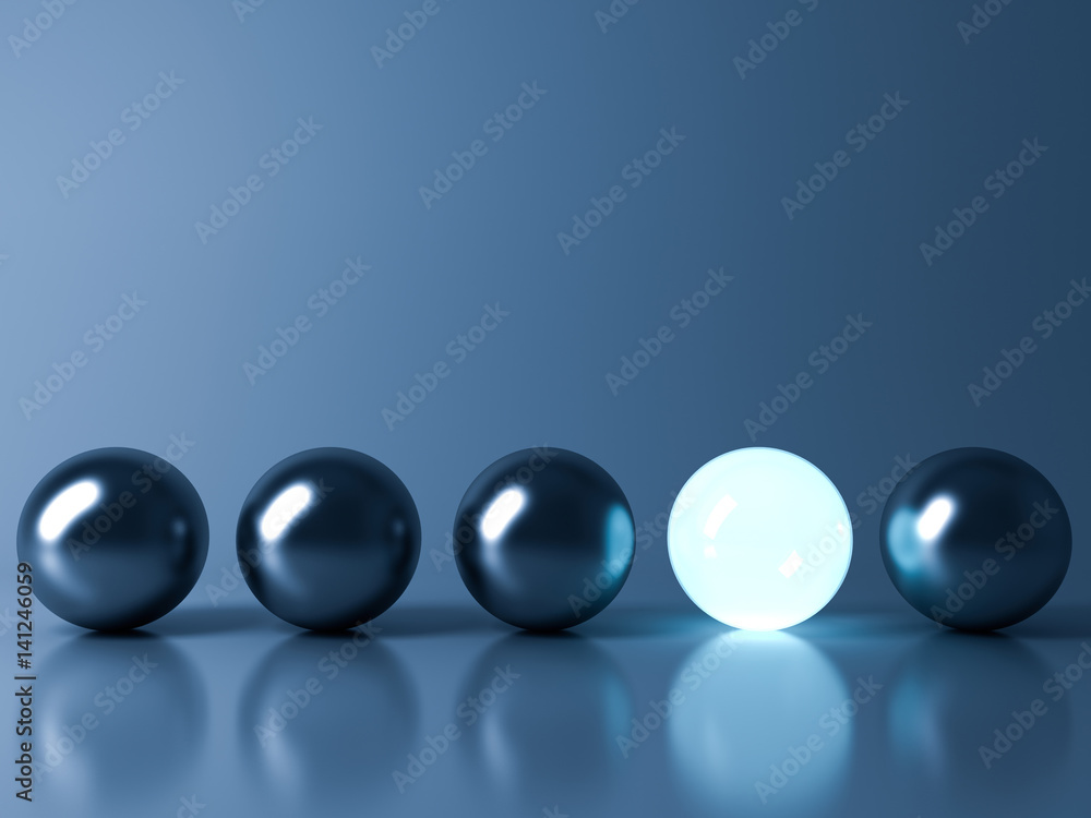 Fototapete one blue glowing light ball standing out from the metal sphere balls on dark blue background with re