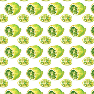 Yellow-green lemon watercolor seamless hand drawn pattern