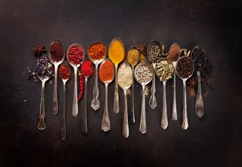 Zelfklevend Fotobehang Various spices spoons © karandaev