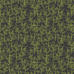 Vector seamless pattern with bare tree branches outlines. Realistic tree outlines in green on dark gray background.
