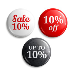 10 percent discount on glossy buttons or badges. Product promotions. Vector.