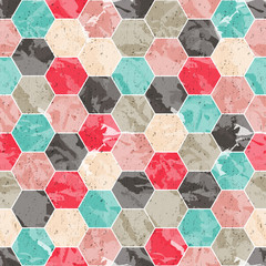 Honeycomb seamless pattern. Abstraction colorful background with mosaic hexagonal shapes. Vector illustration. Marble grunge textures.