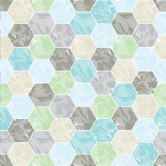 Nahtloses Muster der Bienenwabe. Abstrakter bunter Hintergrund mit sechseckigen Formen des Mosaiks. Vektor-Illustration. Marmor-Grunge-Texturen.