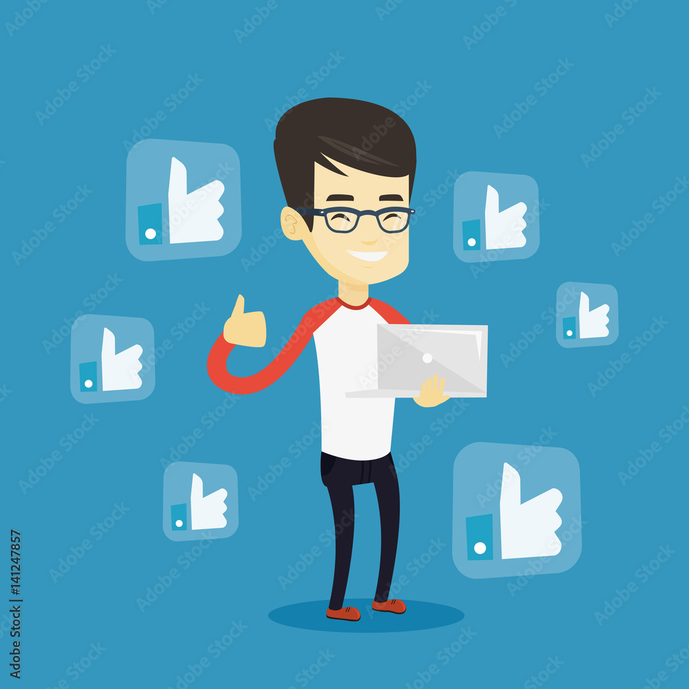 Poster man with like social network buttons.