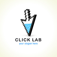 Click arrow pixel sign. Click lab vector icon. Navigate pointer filled by water, computer  or smartphone settings symbol. Logo for web design business.