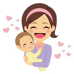Young cute happy mother smiling hugging lovely baby with pink hearts