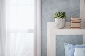 Bright interior, window with curtains, white window sill, room, home