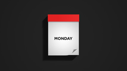 Red weekly calendar showing Monday on a dark gray wall