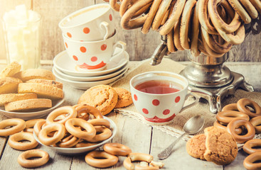 Samovar and tea with bagels. Selective focus. 