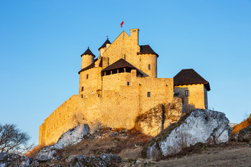 medieval castle at sunset in Bobolice, Poland