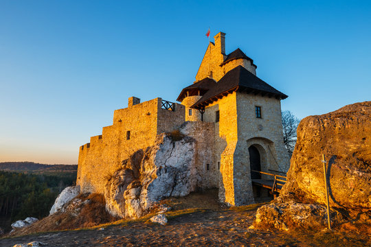 medieval castle at sunset in Bobolice, Poland