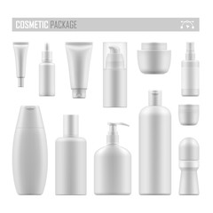 Set of empty realistic package for cosmetic product. Collection of blank template of plastic container with pump, tube, bottle with dispenser, spray. Vector mockup of packages isolated on white