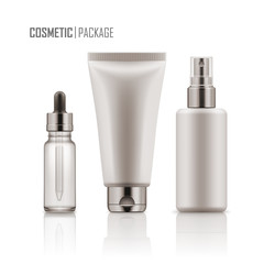 Set of realistic empty packages for skincare cosmetic. Collection of blank template of container: plastic tube for cream, glass bottle for essence or serum, spray. Vector mockup isolated on white