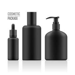 Set of realistic black package for luxury cosmetic product. Cosmetic for hygiene and clean. Set of empty realistic plastic containers: body cream bottle, liquid soap with dispenser. Vector mockup.
