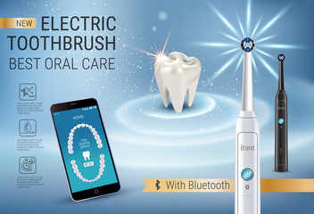Electric toothbrush ads. Vector 3d Illustration with vibrant brush and mobile dental app on the screen of phone.