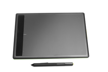Graphic tablet with pen for illustrators and designers, isolated on white background