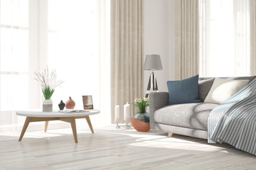 White modern room with sofa. Scandinavian interior design. 3D illustration