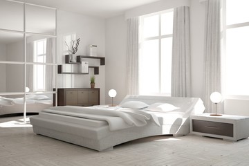 White modern bedroom. Scandinavian interior design. 3D illustration