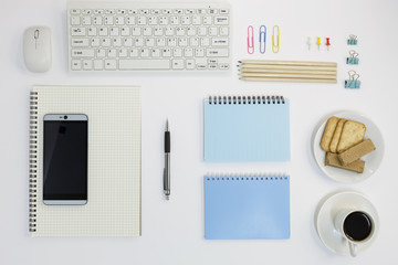 Office desk table of Business workplace and business objects.