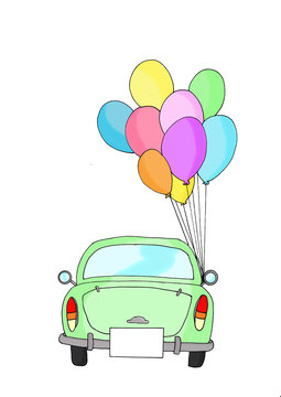 Just Married - green car and balloons