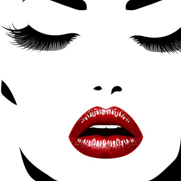 Woman's face. Vectorillustration. Realistic red lips ann chic eyelashes
